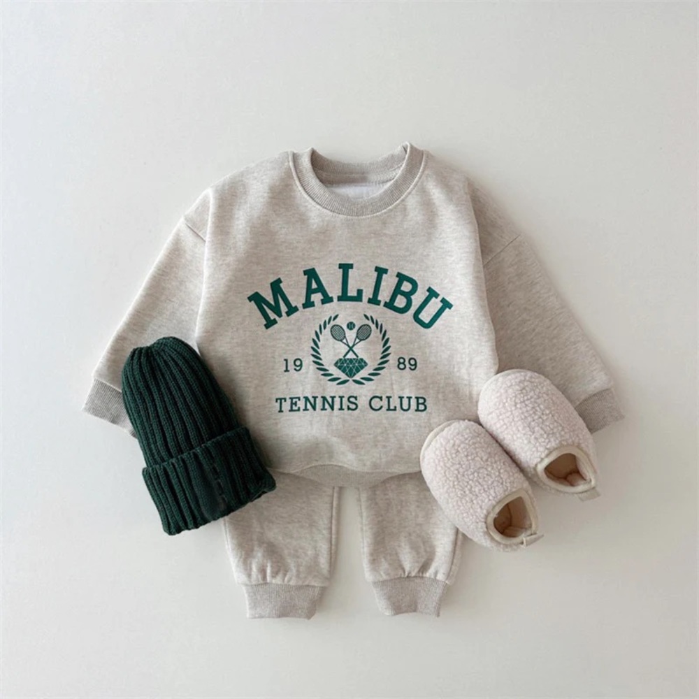 Gray Malibu Tennis Club Sweatshirt Set with Green Hat and Cream Booties